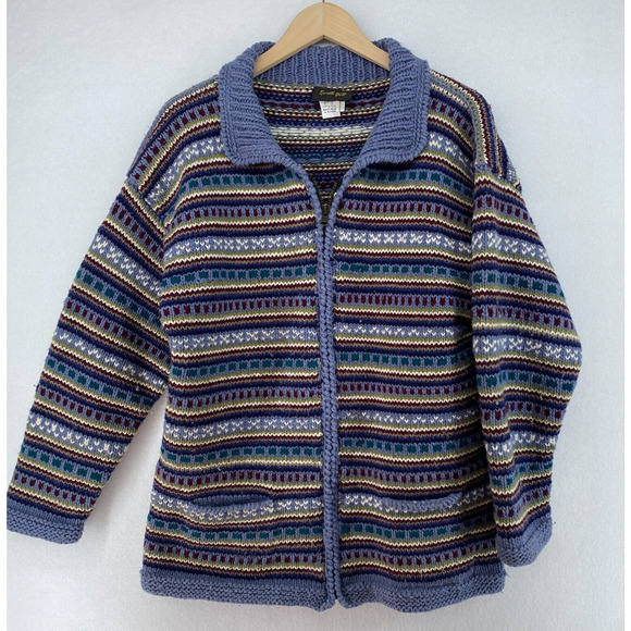 INVISIBLE WORLD Cardigan Mens Adult S Wool Chunky Nordic Striped Full Zip Blue - Picture 2 of 13